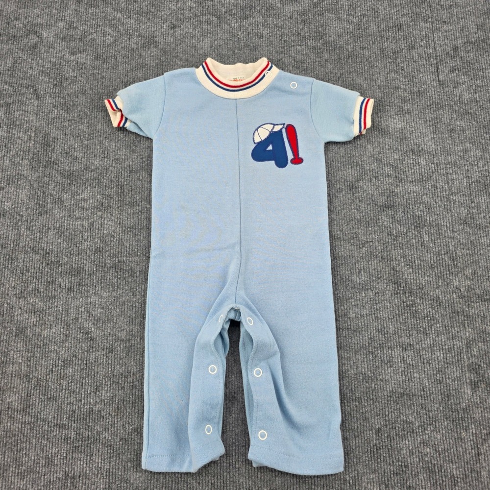 Vintage Health-tex Baby Boys Light Blue Baseball Romper Snaps Made in USA 12M